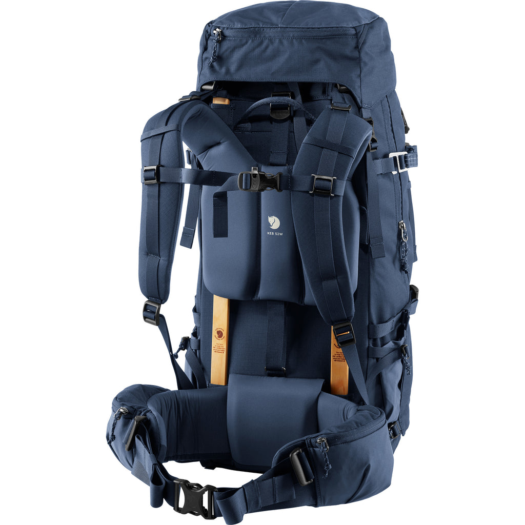 Blue hiking backpack with multiple straps and a visible brand logo on a white background