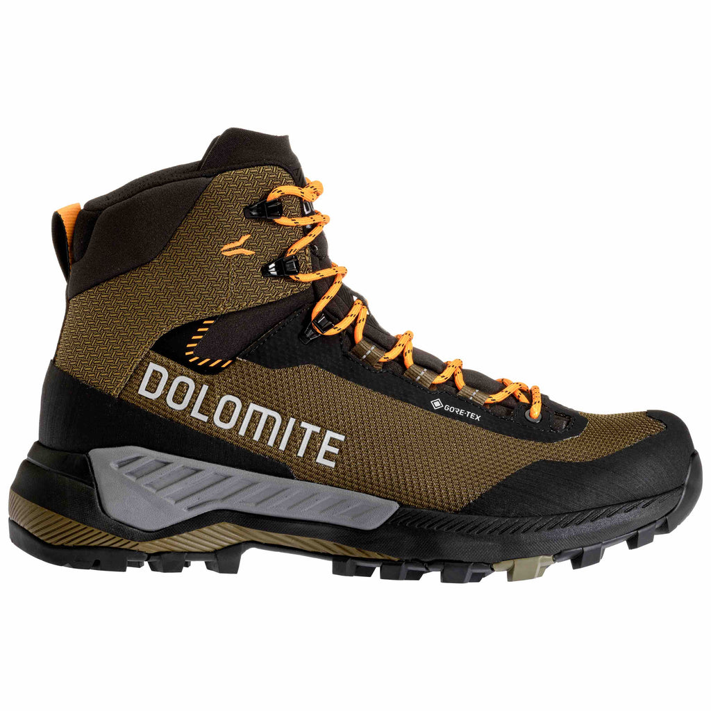 Brown hiking boot with orange laces and 'Dolomite' branding on a white background