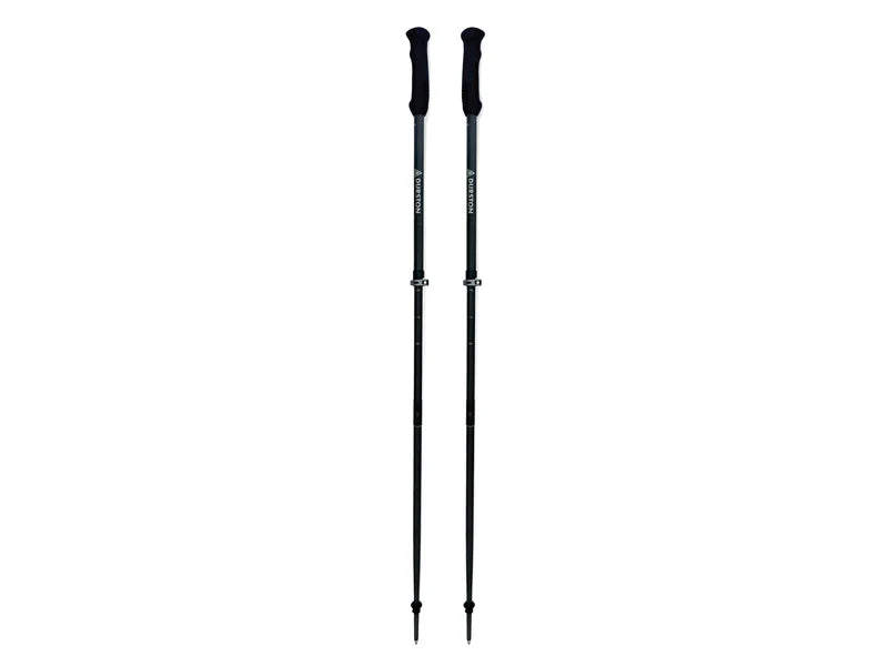 Two black hiking poles , Durston Gear Iceline Trekking Poles with Handle Straps, on a white background