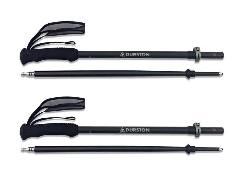 Set of black hiking poles called Durston Gear Iceline Trekking Poles with Handle Straps on a white background