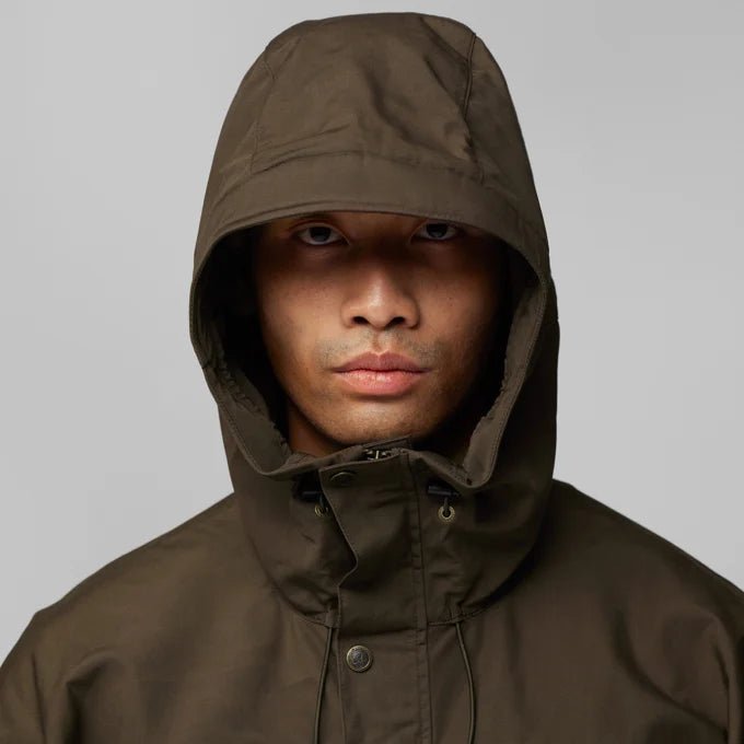 Fjallraven Men's Kaipak Jacket Model Hood Up Close