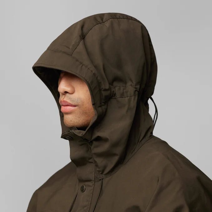 Fjallraven Men's Kaipak Jacket Model Hood Up Closed In