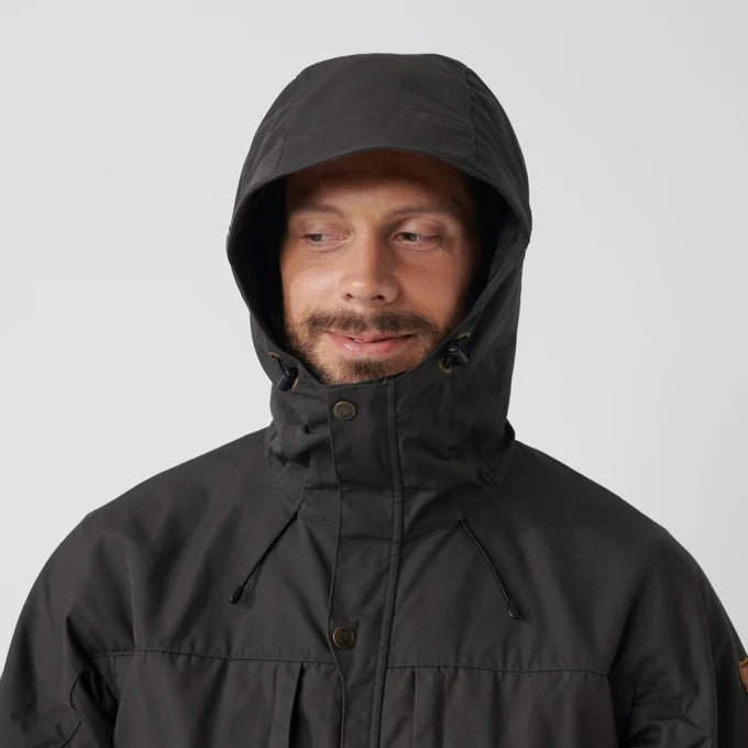 Fjallraven Men's Skogso Jacket Model Detail Hood Up 
