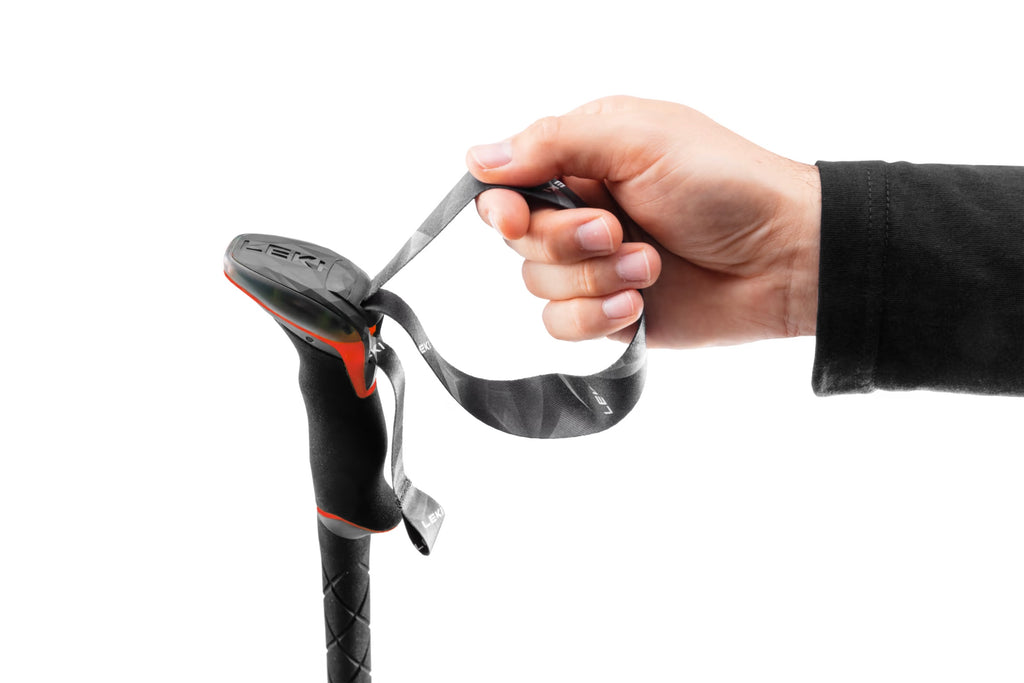 Leki Makalu Trekking Poles Close up Handle and Strap with Hand