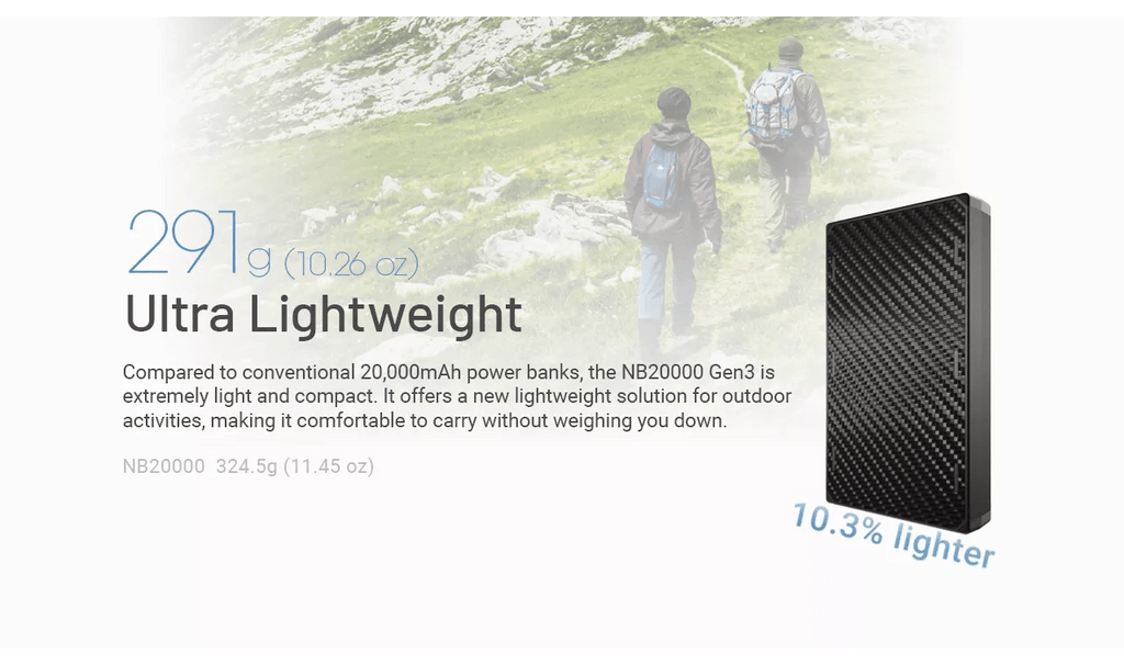 Nitecore NB20000 Gen 3 Carbon Fibre Ultralight Power Bank 291g