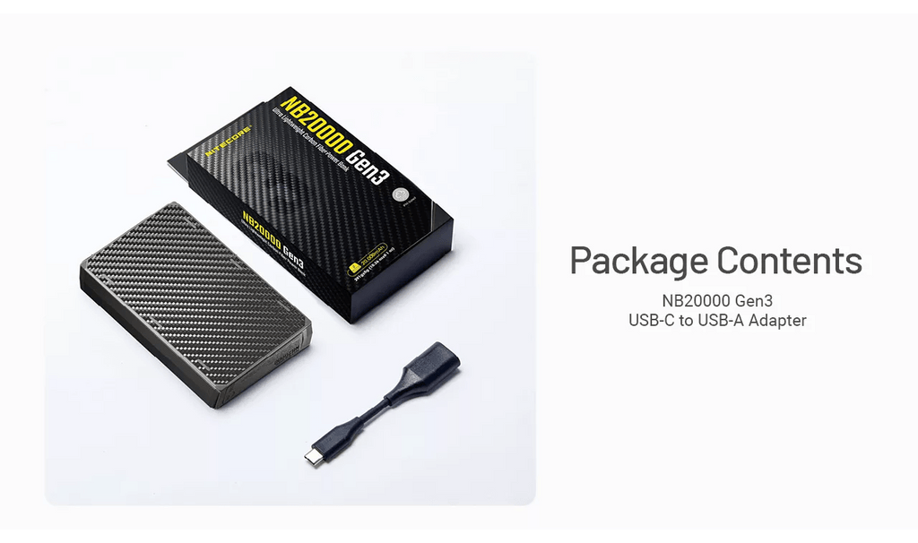 Nitecore NB20000 Gen 3 Carbon Fibre Ultralight Power Bank Package Contents