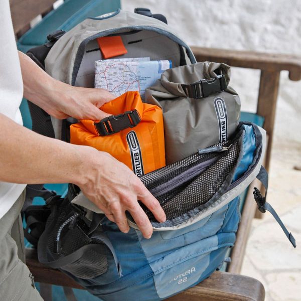 ORTLIEB Ultralight PS10 Dry Bag Roll Lifestyle Packed Inside Backpack