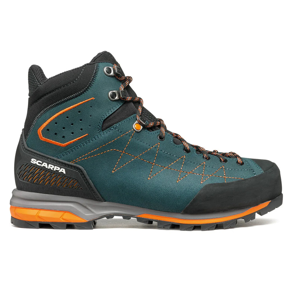 Teal hiking boot with orange accents on a white background