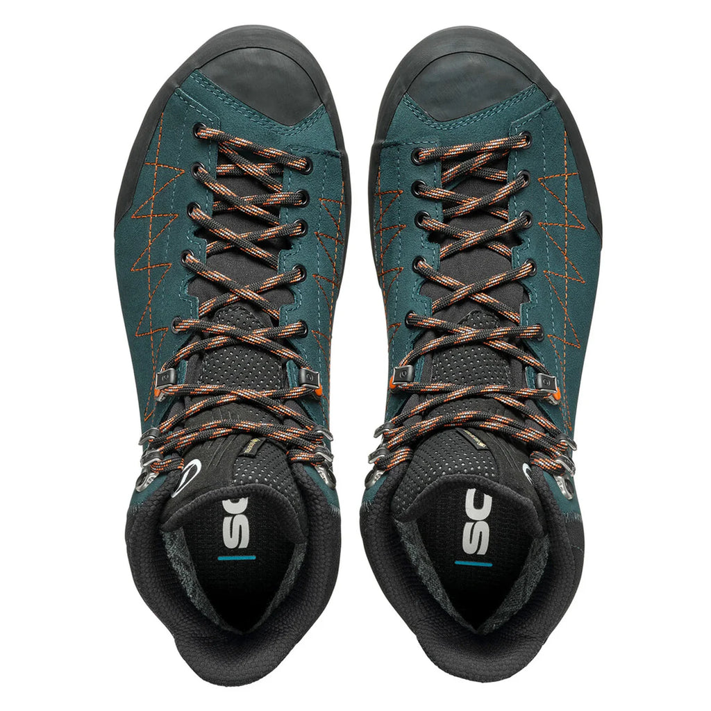 Pair of teal and black high-top sneakers with brown laces on a white background