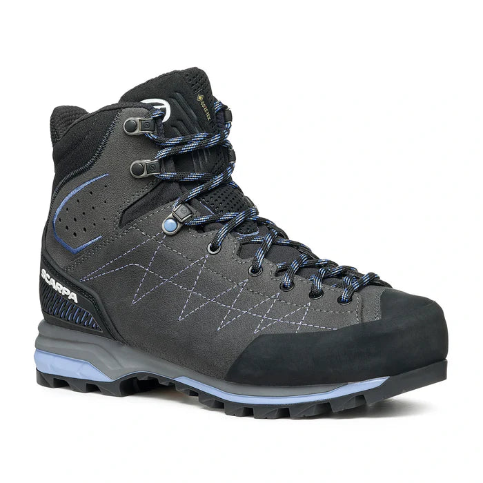 Gray hiking boot with blue accents on a white background