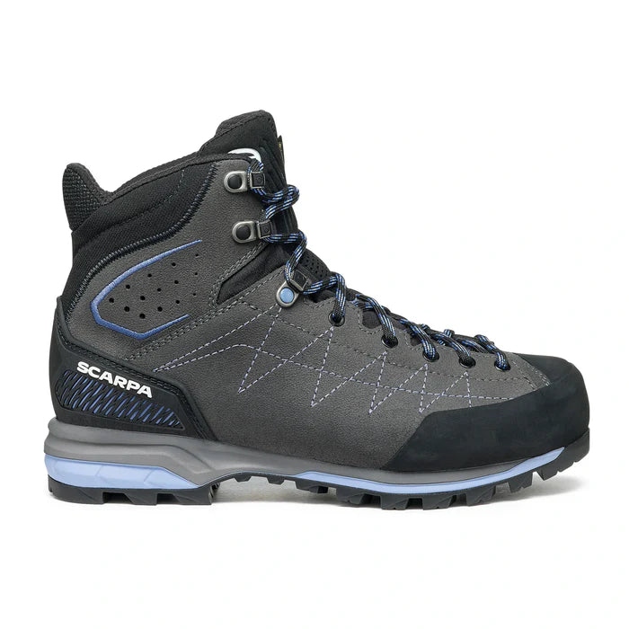 Gray hiking boot with black accents on a white background