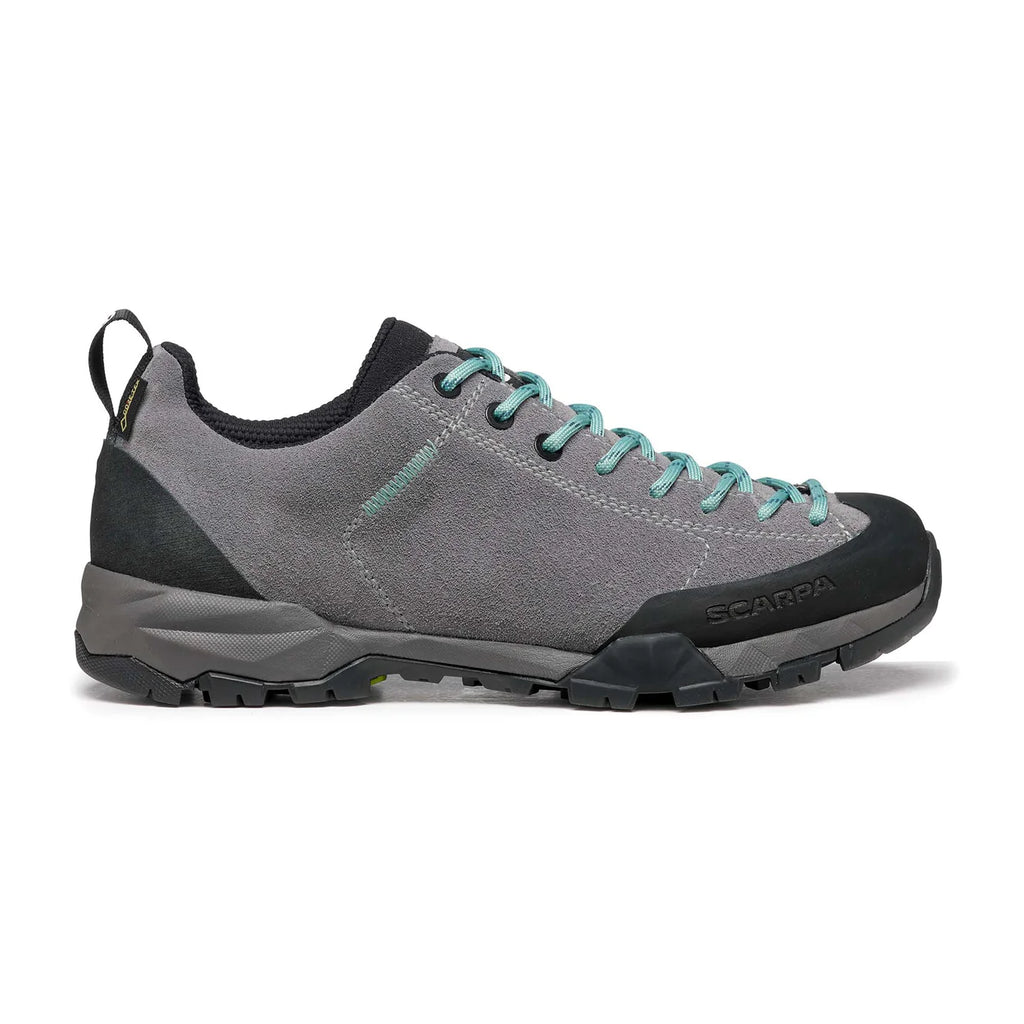 Gray hiking shoe with teal laces on a white background