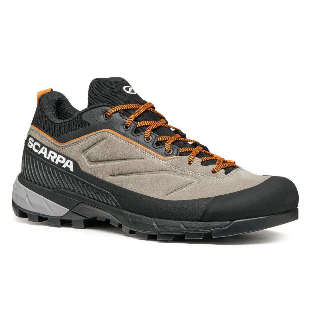 Gray hiking shoe with orange laces and black sole on a white background