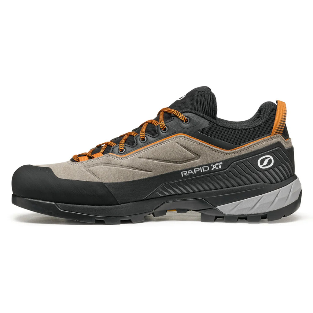 Gray and black hiking shoe with orange accents on a white background