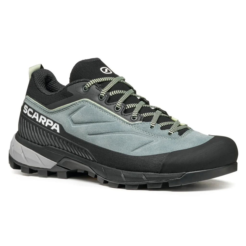 Gray and black hiking shoe with 'Scarpa' branding on a white background