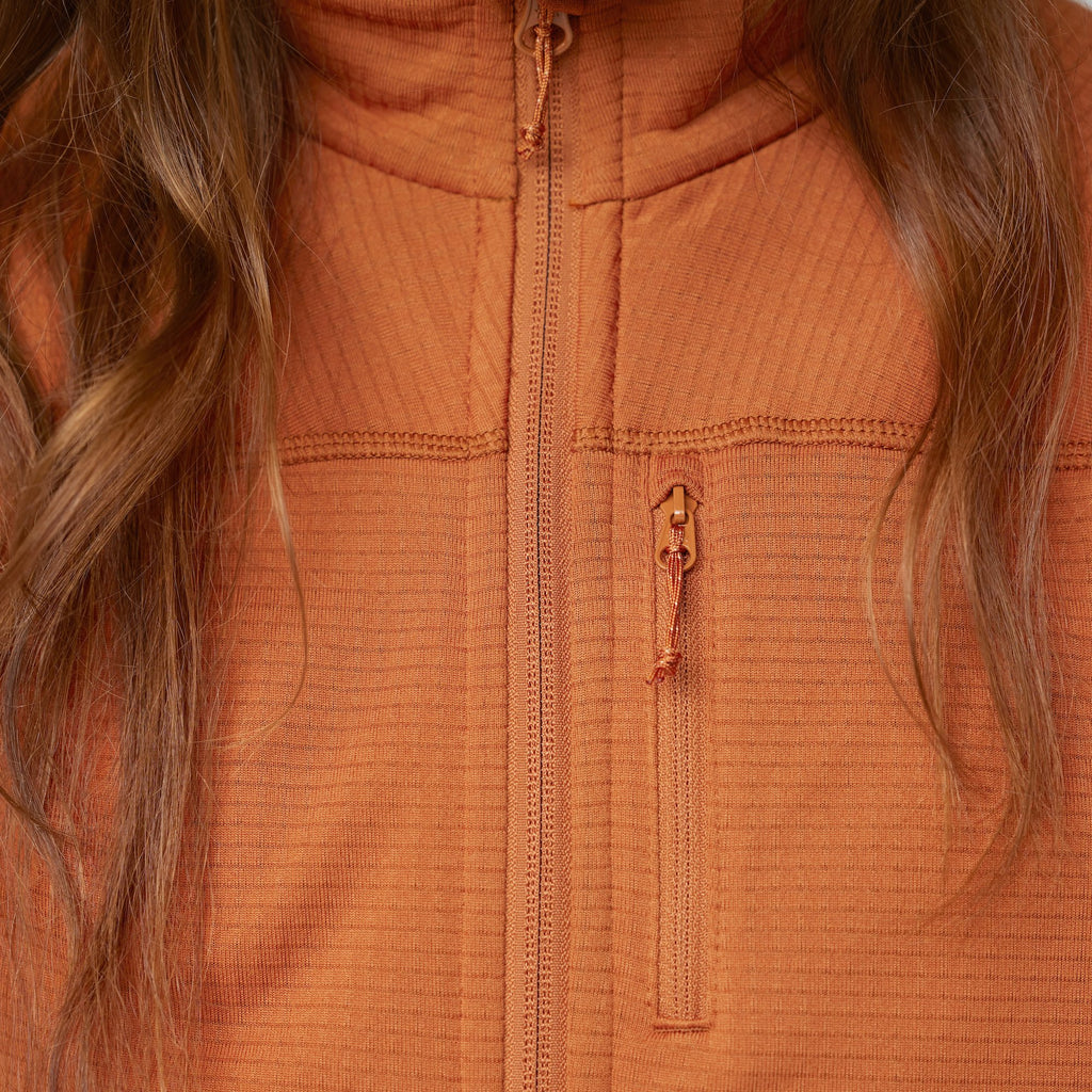 Close-up of a person wearing an orange fleece with long hair.