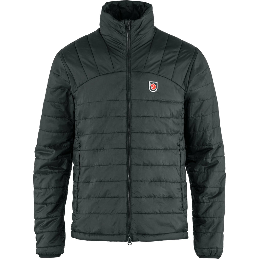Dark gray puffer jacket with a small logo on a white background