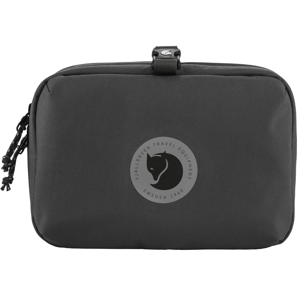 Black travel pouch with a logo on a white background