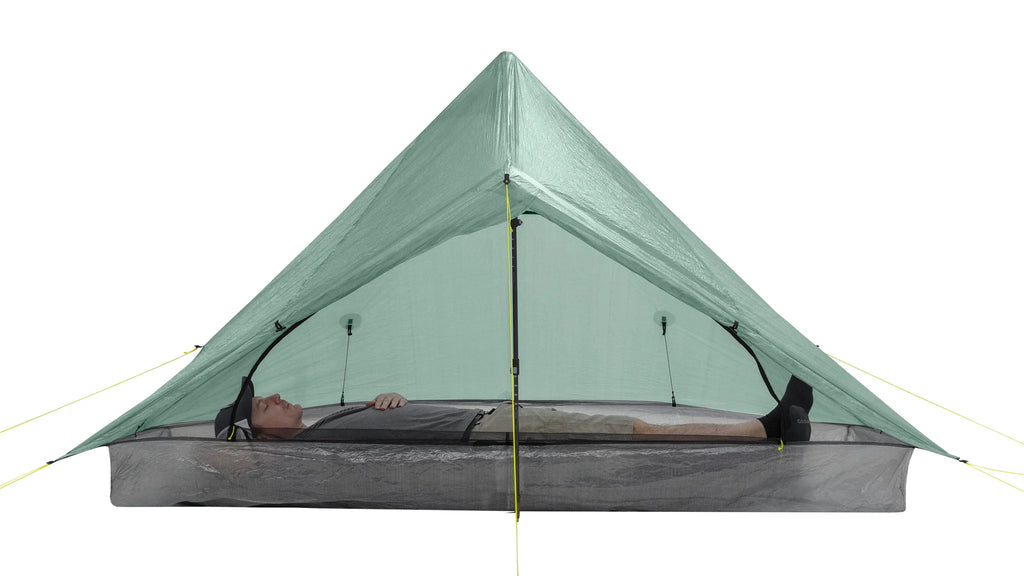 Zpacks Plex Solo Classic 1 Person Ultralight Tent With Person Laid Down Inside Tent