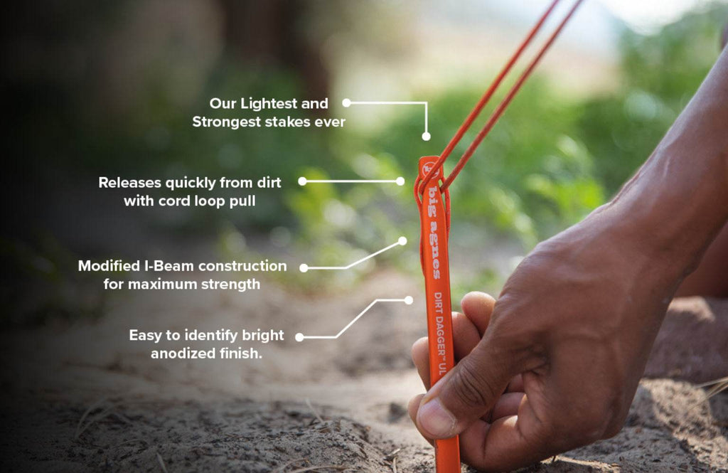 Annotated Big Agnes Dirt Dagger UL Tent Stakes in the outdoors