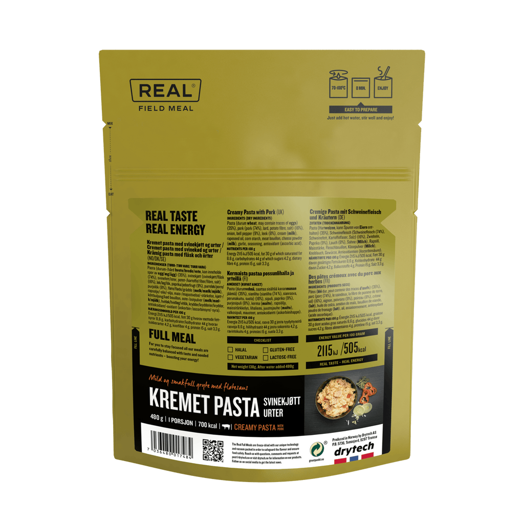 Real Turmat (Field Meal) Creamy Pasta with Pork (700kcal) Ingredients